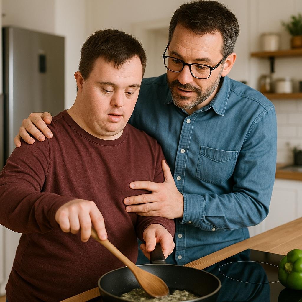 A support worker helping a young man cook