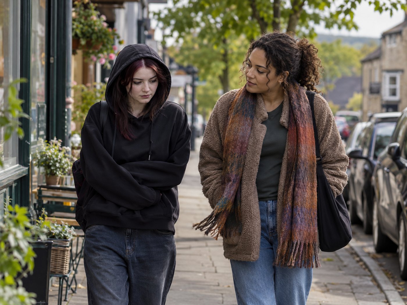 A support worker walking through town with a young woman