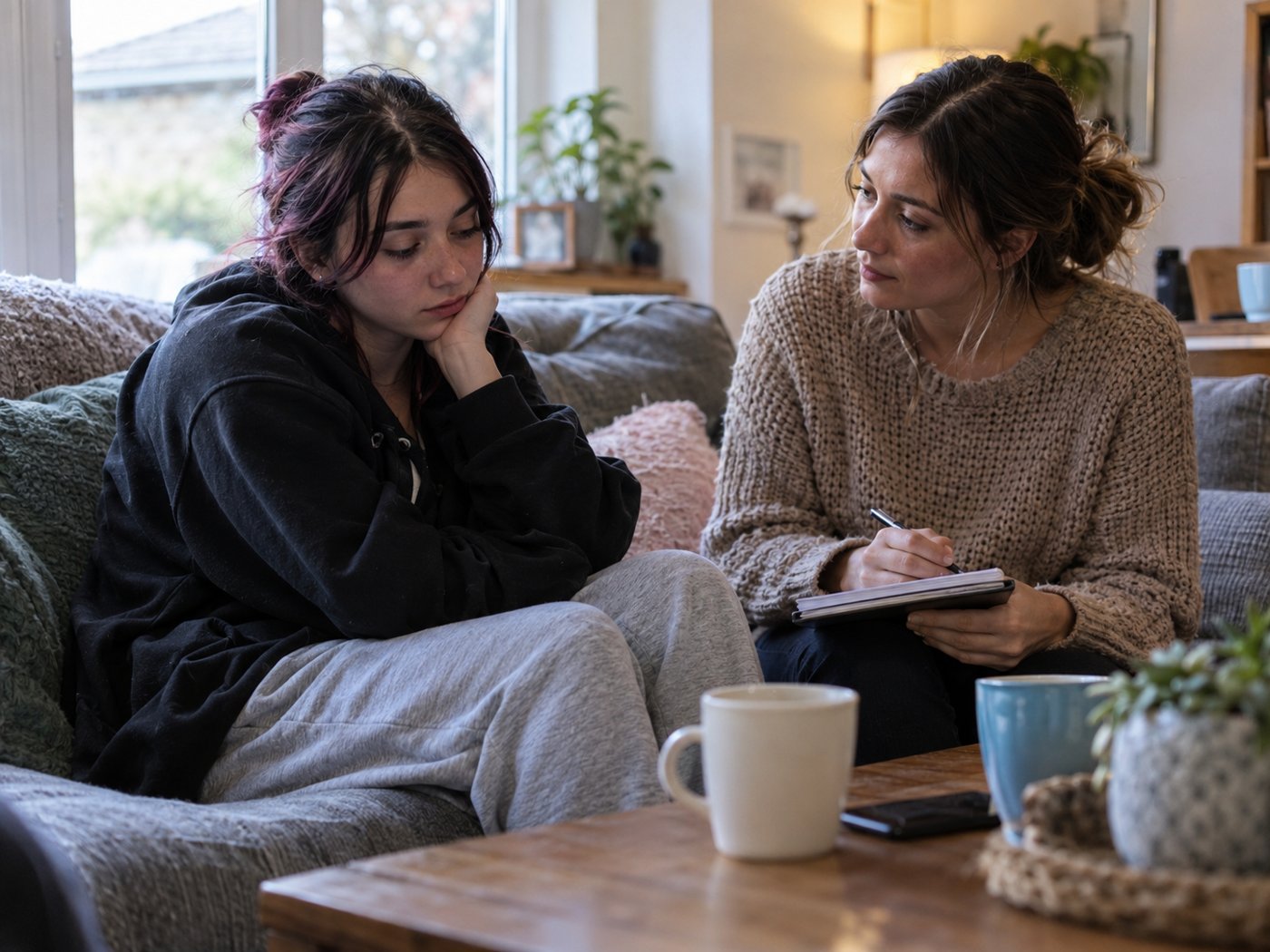 A support worker listening to a young woman on a sofa
